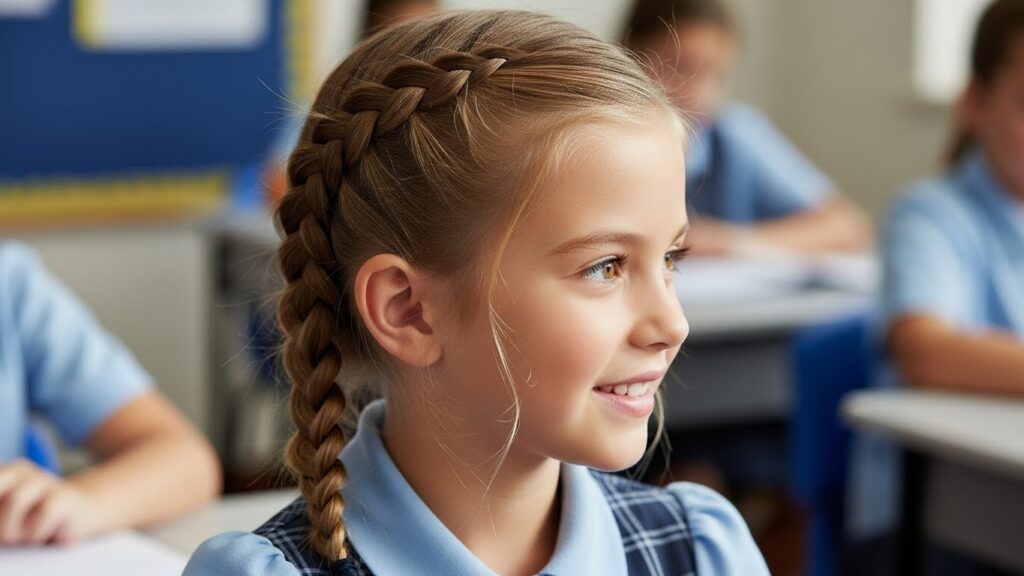 Side braid hairstyle for school, simple and cute.