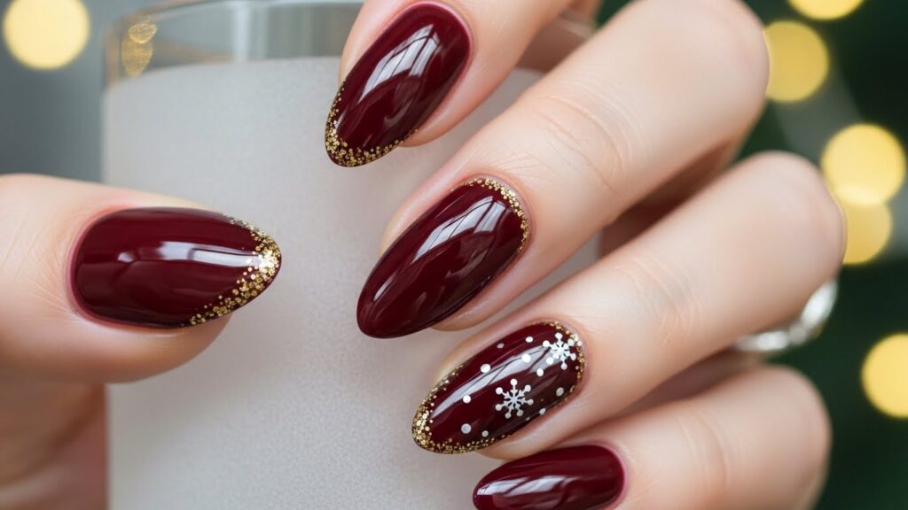 Deep burgundy winter nails, rich glossy finish, elegant holiday styling