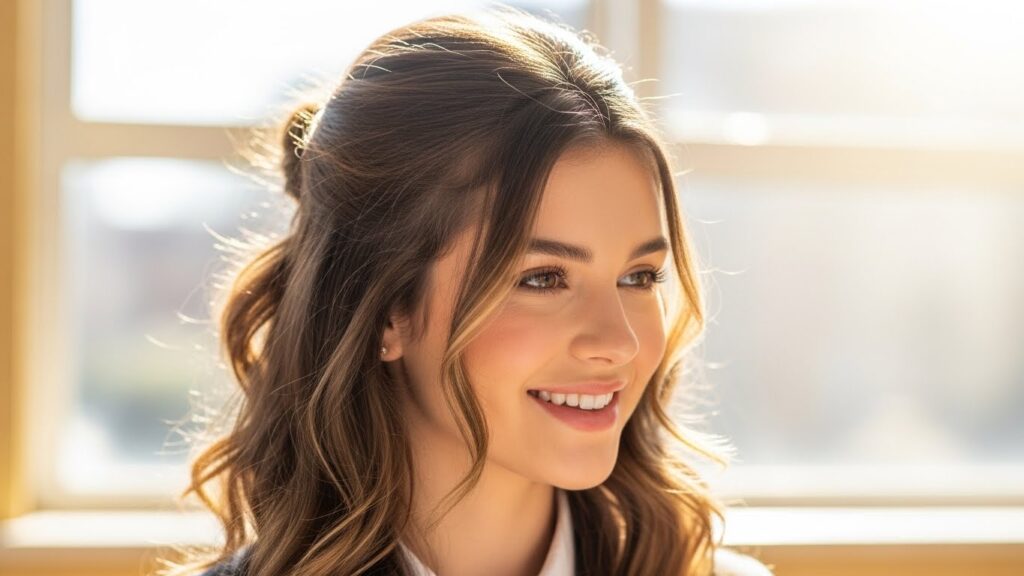 Half-up half-down hairstyle for school, soft waves, bright background.