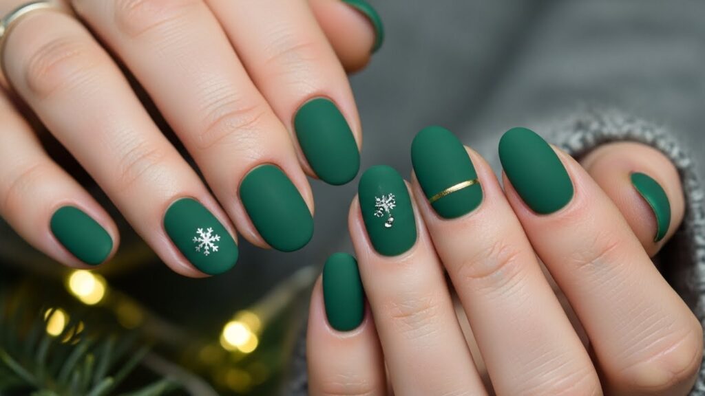 Matte forest green winter nails, smooth finish, minimal holiday styling.