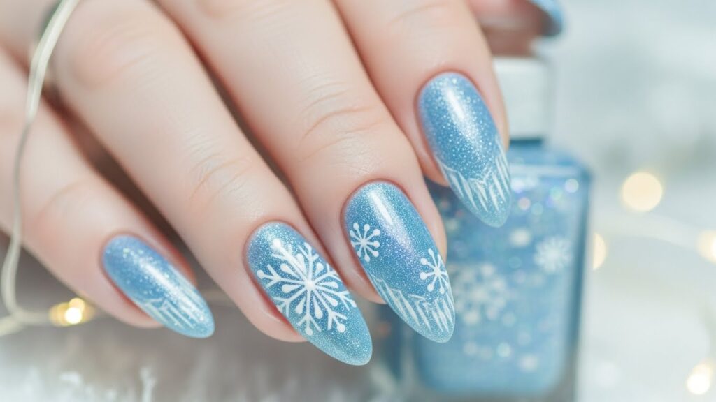 Icy blue Christmas nails, shimmer finish, frosty winter vibe.