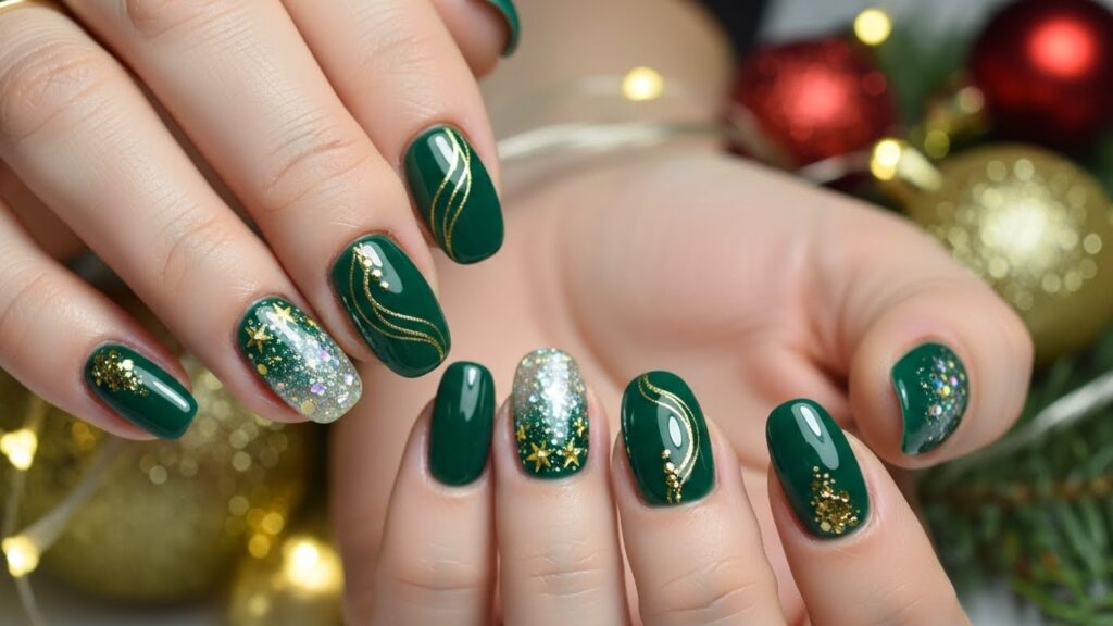 Green & Gold Gel Nails