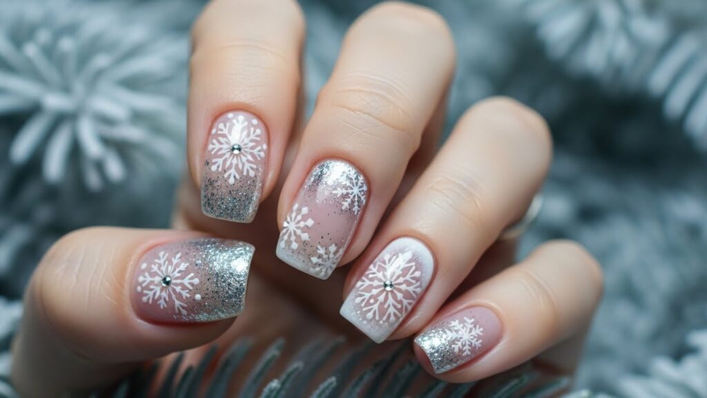 Snowflake Glitter Gel Nails