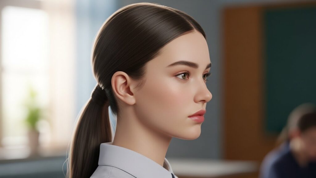 Low ponytail with middle part, school hairstyle, minimal look.