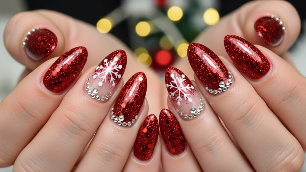 Ruby red glitter nails, sparkling Christmas nails, holiday glam aesthetic.