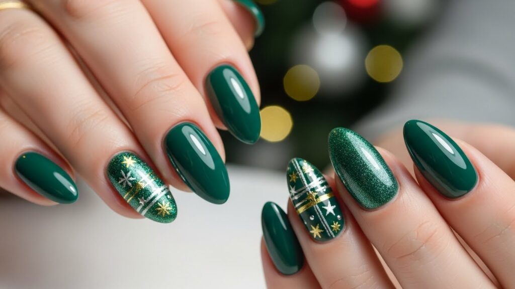 Emerald green Christmas nails, glossy or metallic finish, elegant lighting.