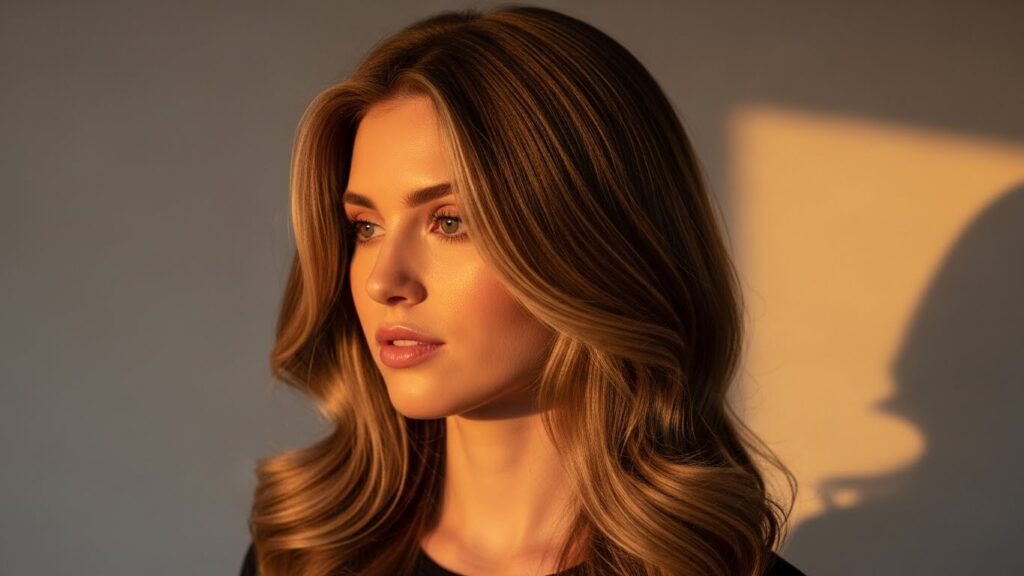 Chocolate brown hair color with smooth layers, elegant finish, studio lighting.