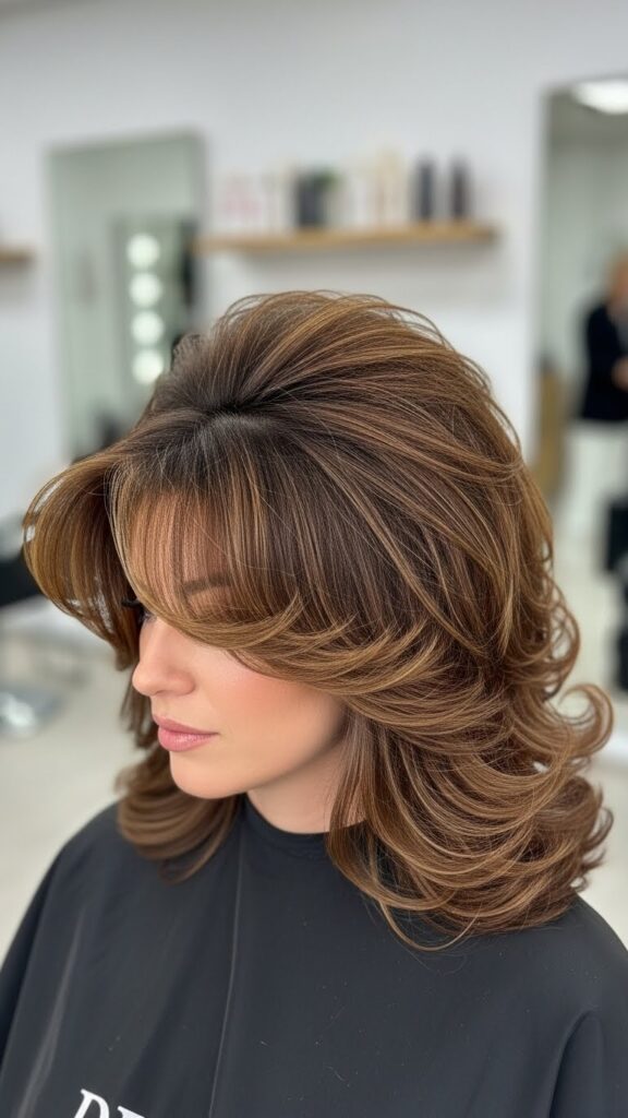 Styled butterfly haircut with bouncy layers and lifted crown volume