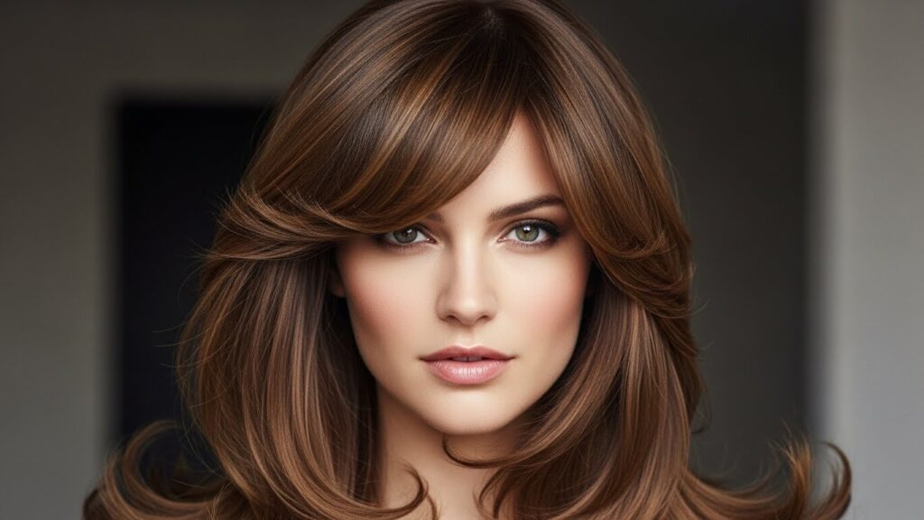 Side-swept bangs for round face creating a slimming effect