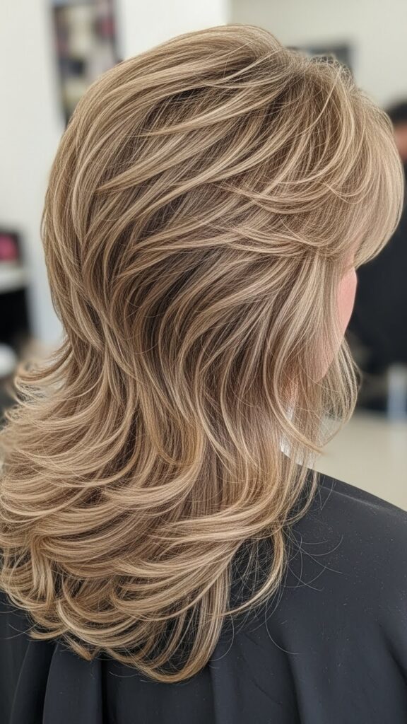 Side and back view of butterfly haircut showing layered crown and long hair length