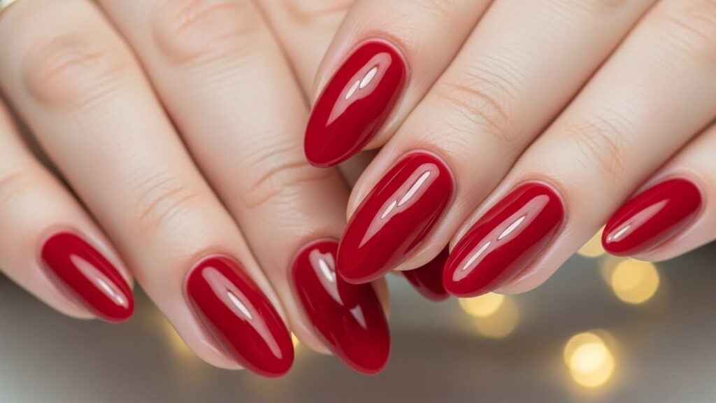 Classic red almond-shaped Christmas nails with a glossy festive finish