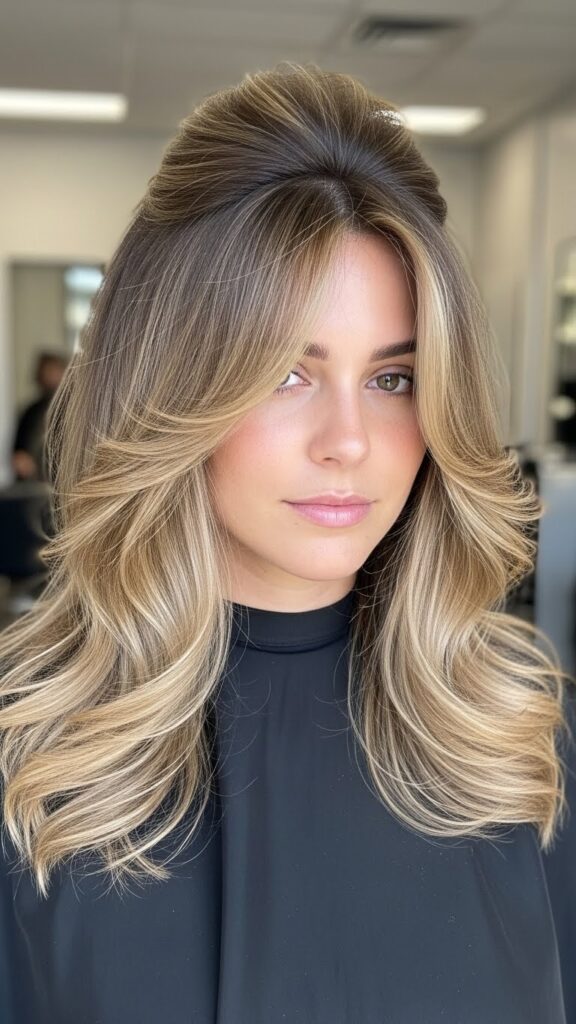 Long hair butterfly haircut with face-framing layers and soft volume