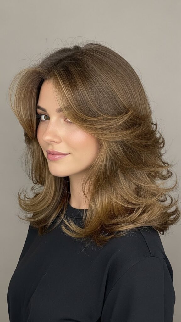 Medium length butterfly haircut with layered ends and natural volume