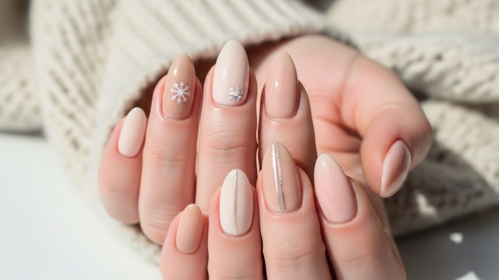 Neutral almond Christmas nails with a cozy and minimalist winter look