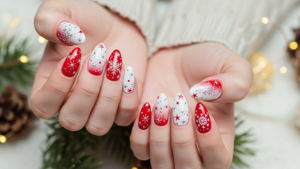Festive almond-shaped Christmas nails with snowflake holiday nail art