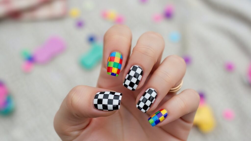 Checkerboard nail design for fun school style.