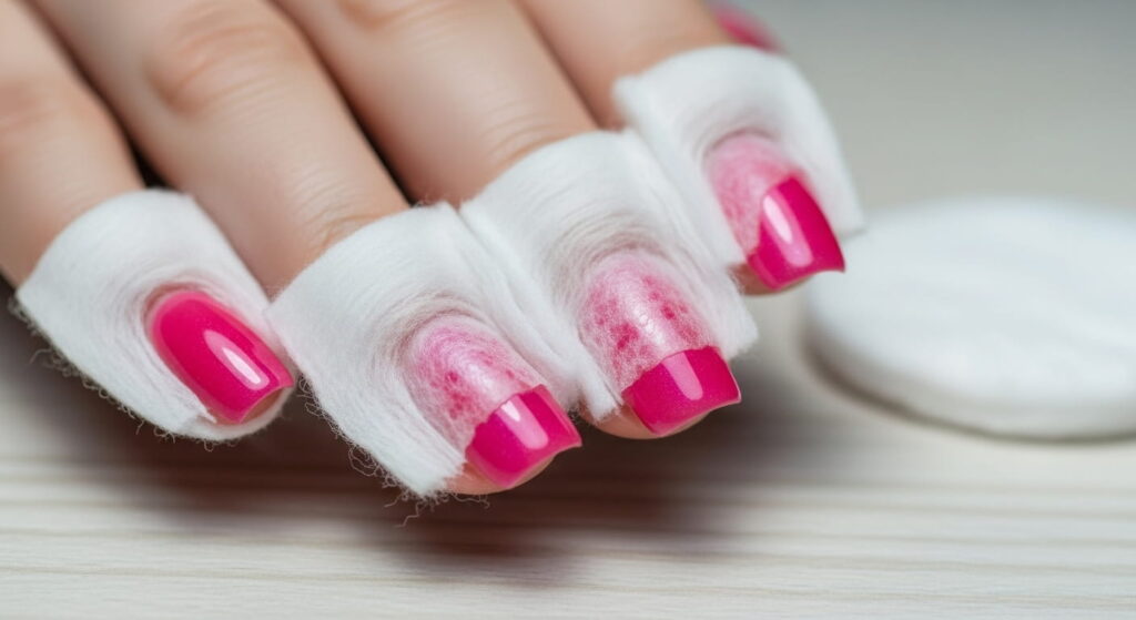 Acetone-soaked cotton on gel nail polish