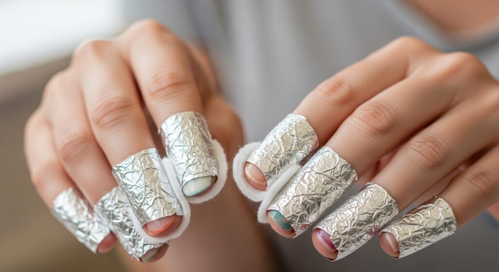 Foil wraps on nails for gel polish removal