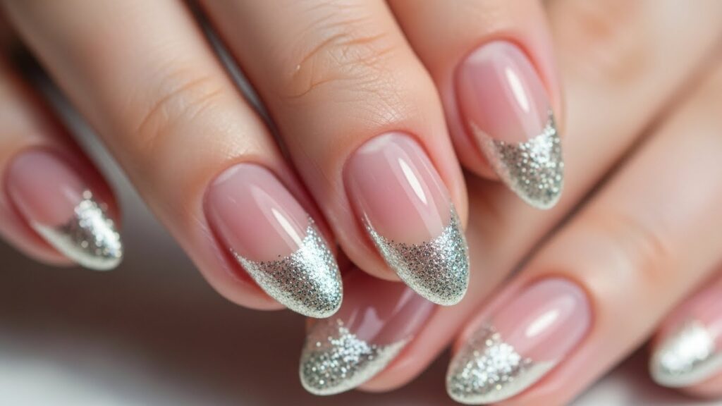 Silver glitter French tip nails