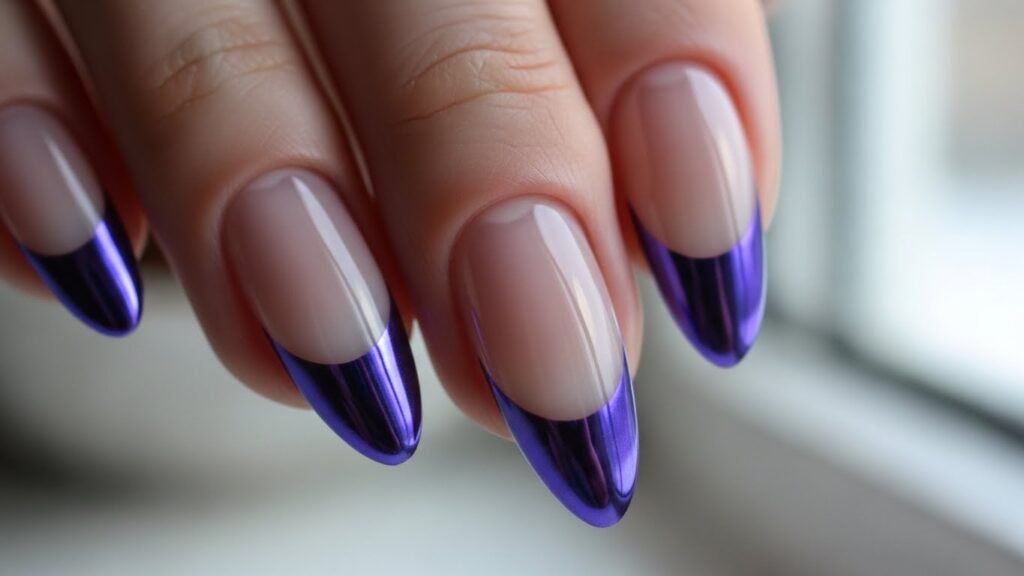 Violet chrome French tip nails.