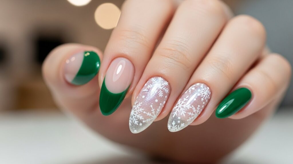 Green French tips with snowflake accent for Christmas