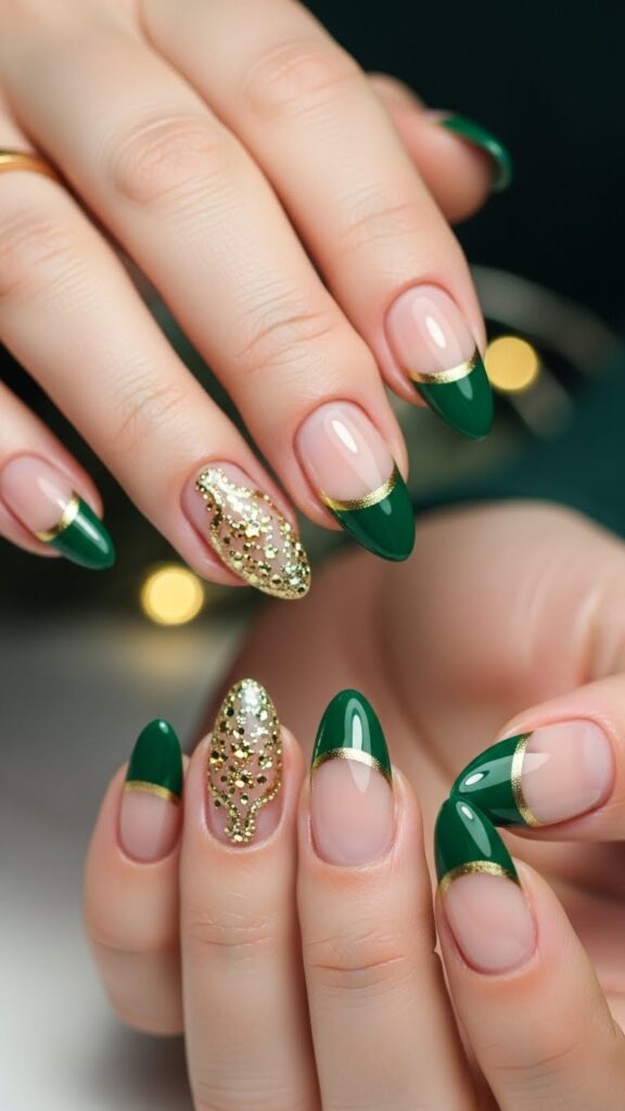 Green and gold Christmas French tip nails 2025