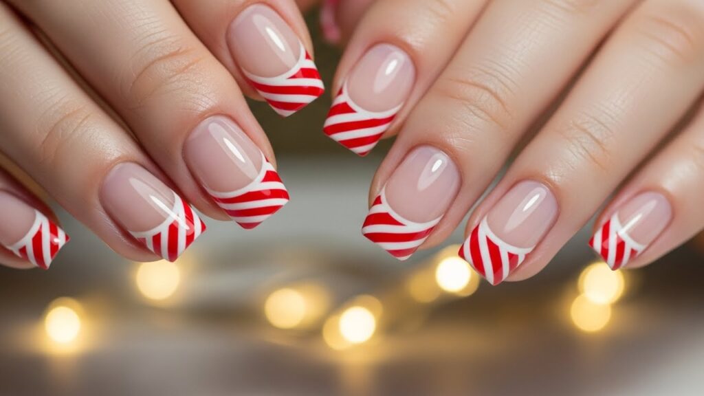 Candy cane striped French tip nails 2025