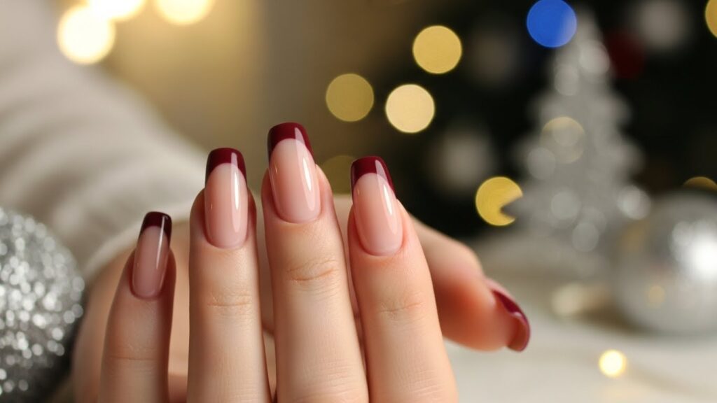 Burgundy French tips for Christmas 2025