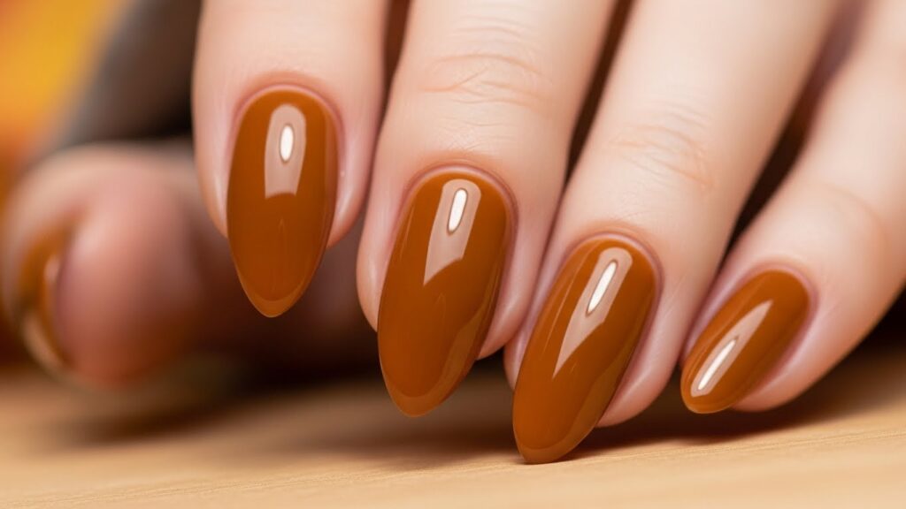 Caramel brown almond nails for fall 2025