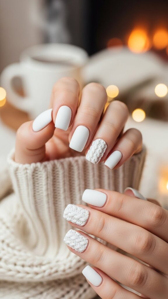 White sweater textured Christmas nails 2025