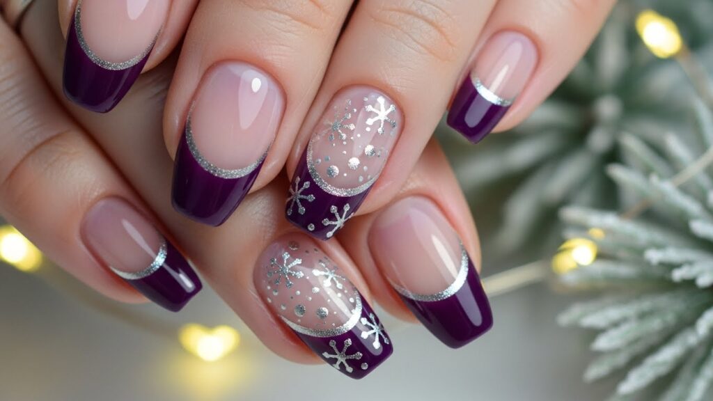 Violet French nails with silver outline.”