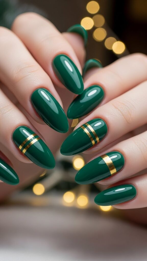 Green and gold simple Christmas nail design 2025