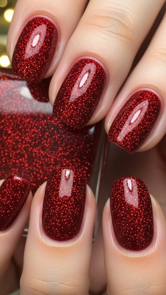 Red glitter Christmas nails 2025 with festive shine