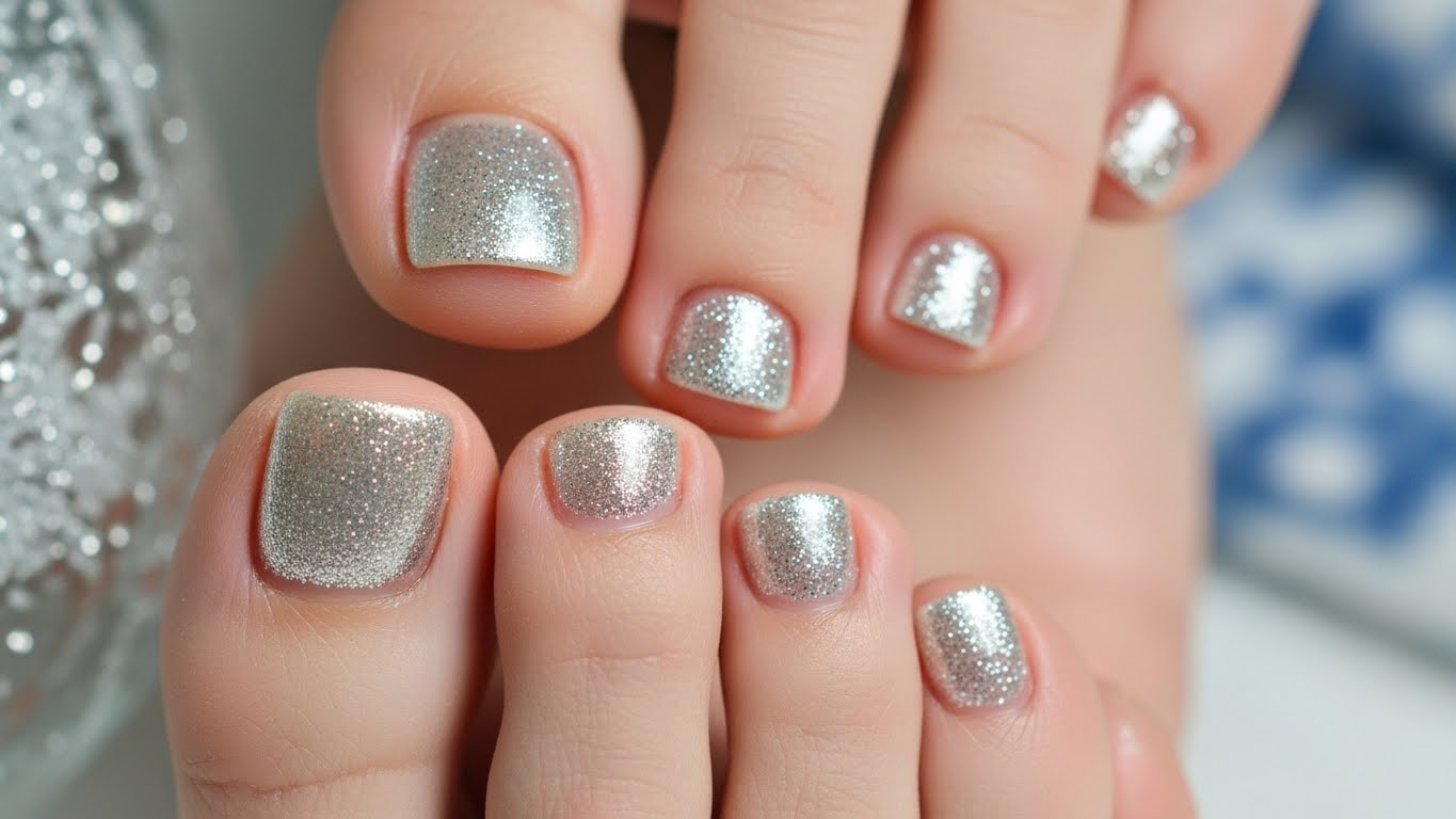 Winter toe nail ideas 2025–2026 featuring frosty white, burgundy, silver glitter, soft grey, and navy blue trendy winter pedicure designs.
