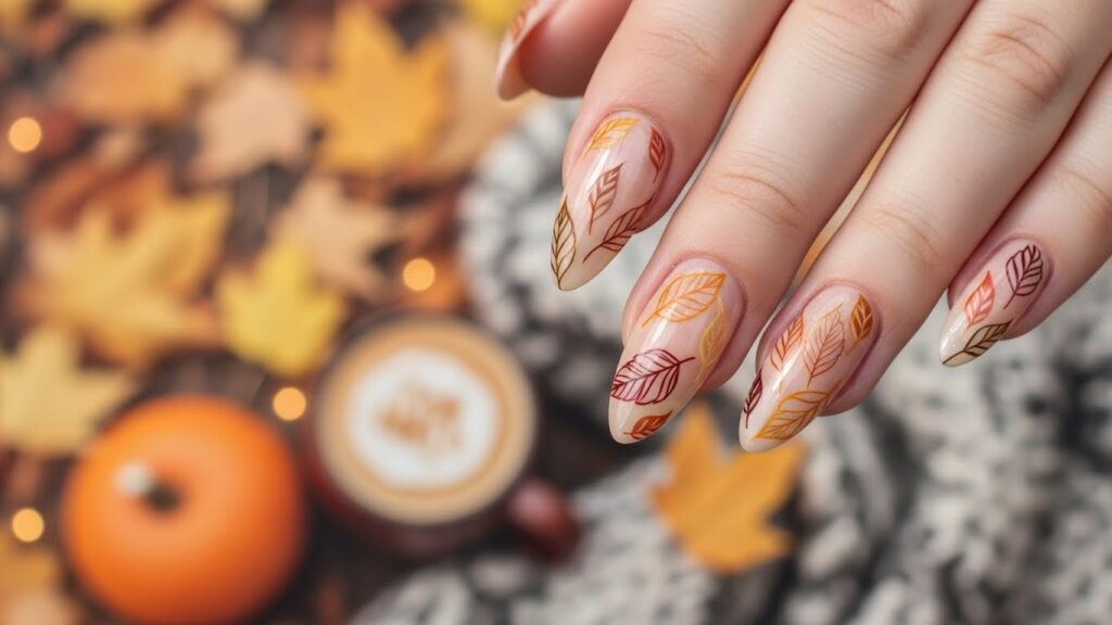 Nude almond nails with leaf art for fall 2025