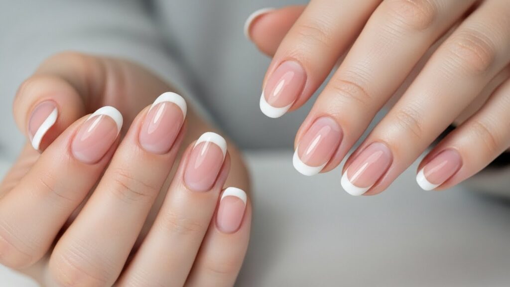 Minimal micro French tips on nude base