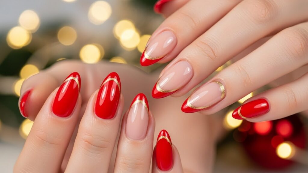 Red French tips with gold stripe for Christmas 2025