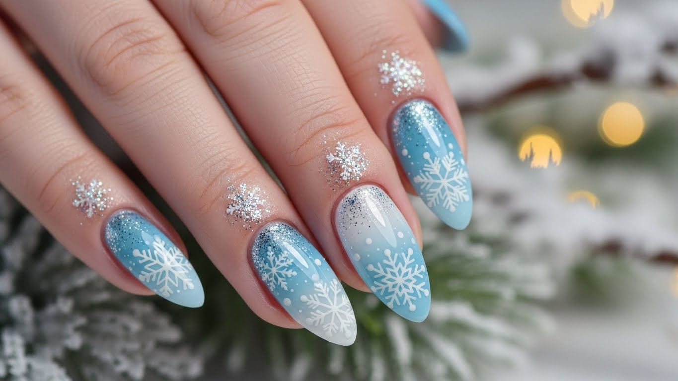 Snowflake winter nail designs 2025–2026 featuring blue, white, and glittery holiday-inspired manicures with delicate snowflake art.