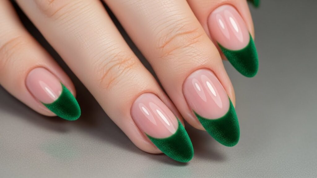 Green velvet French tip nails for Christmas 2025