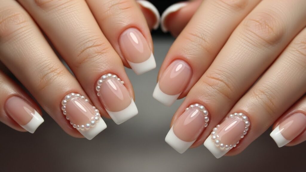 Pearl-accent French nails for elegant Christmas style
