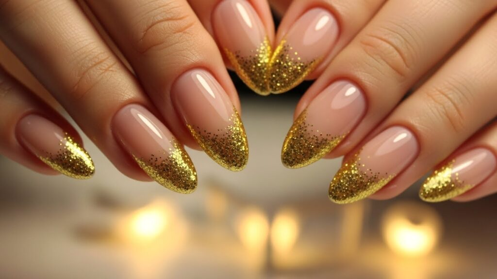 Gold glitter French tip almond nails for fall 2025