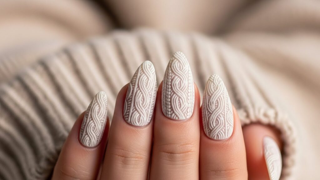 Sweater textured almond nails for fall 2025