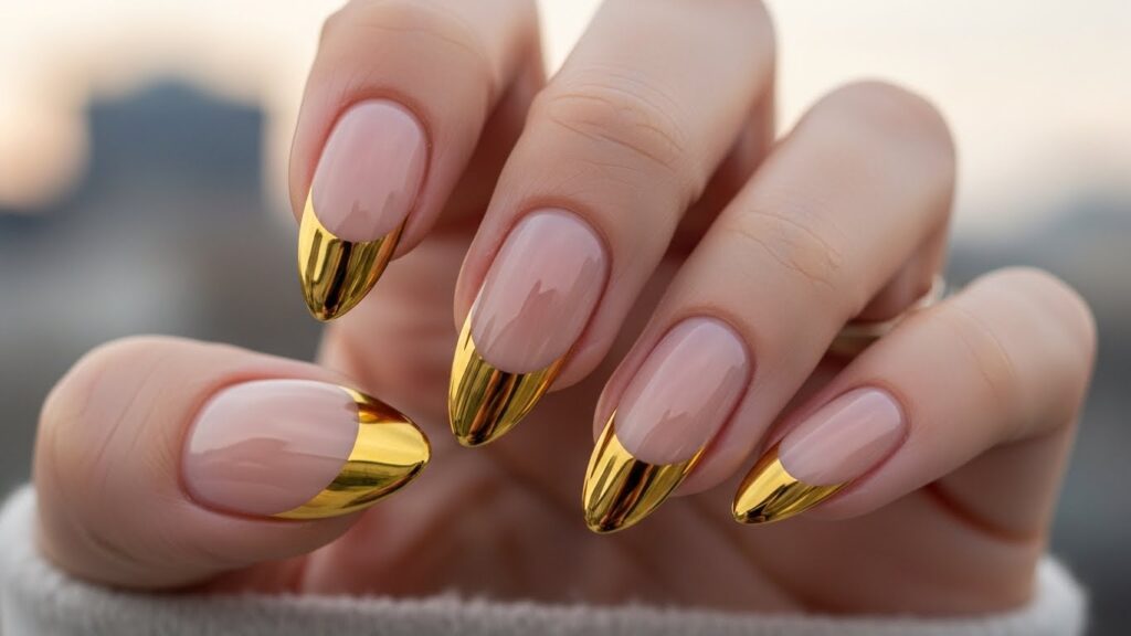 Gold chrome French manicure for Christmas