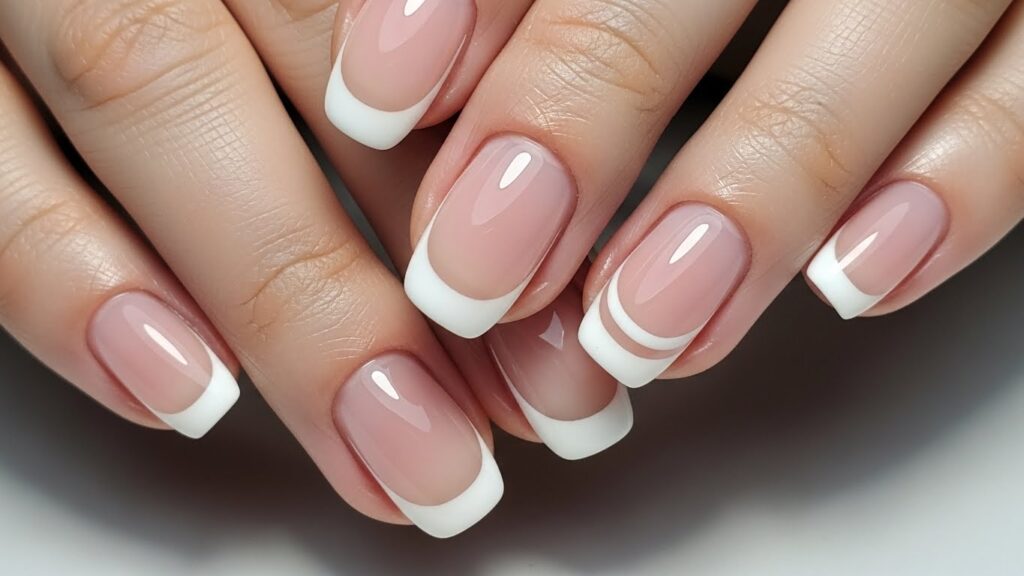 Double-line French tip nails with modern detailing