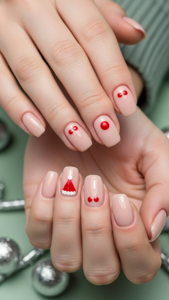 Nude nails with red dot accents for Christmas 2025