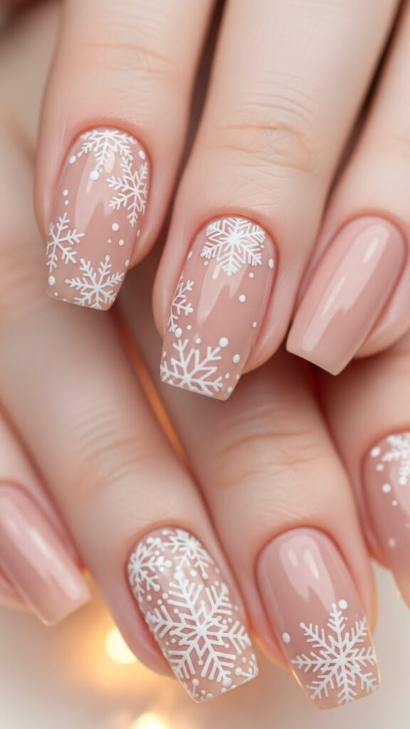 Nude nails with a white snowflake accent for easy Christmas manicure.
