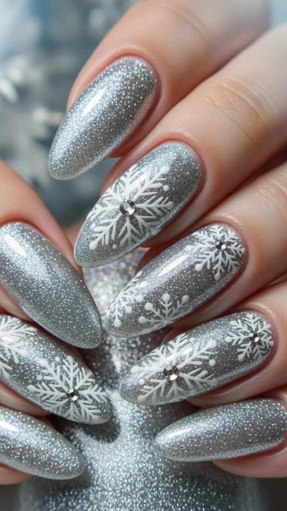 Snowflake glitter Christmas nails 2025