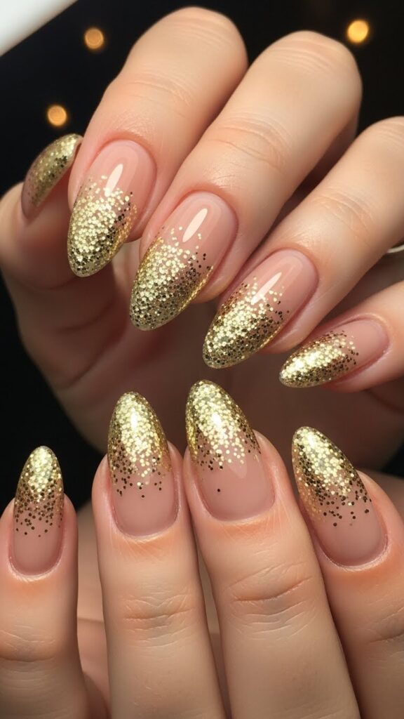 Gold glitter fade Christmas nails 2025