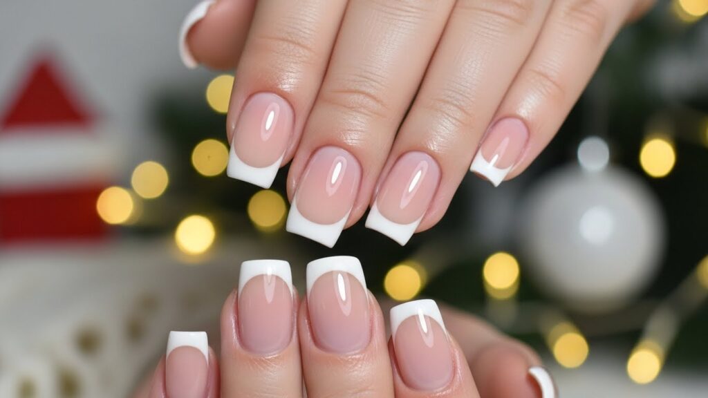Classic white Christmas French tips on glossy nude nails