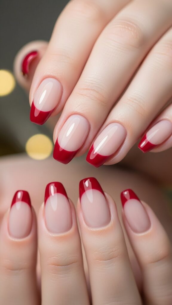 Simple green French tip nails for Christmas 2025.